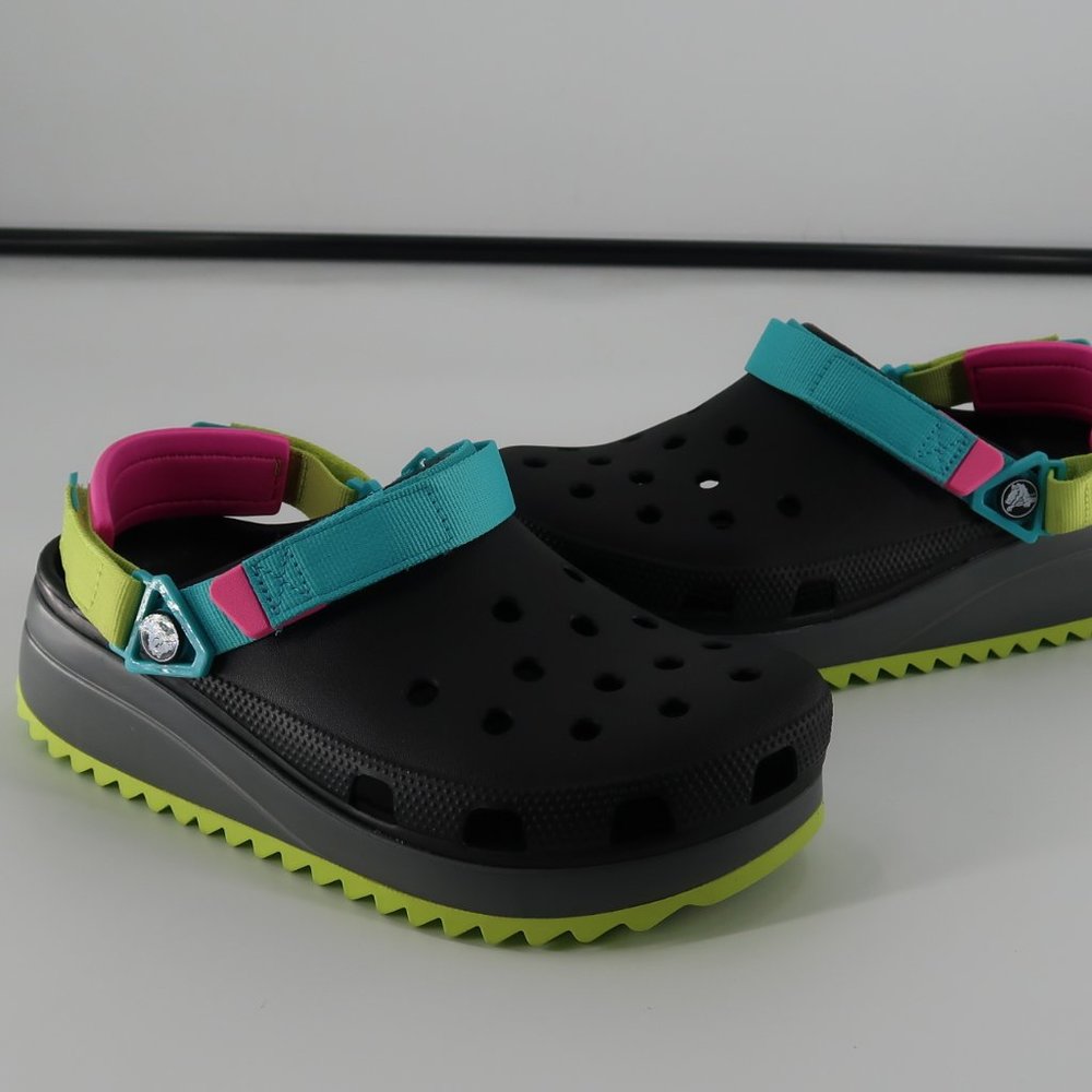 CROCS Platform Clog Sandals in Black with Turquoise Pink and Lime Accents